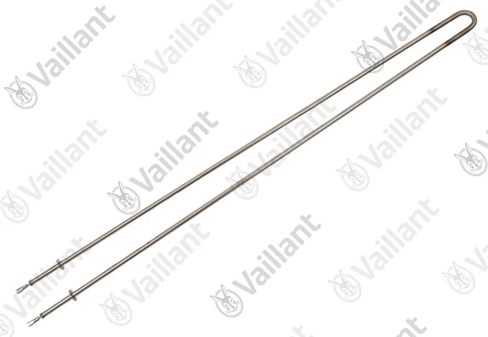 Zwei längliche Heizstäbe aus Metall, die für Vaillant Heizkörper verwendet werden, mit einem U-förmigen Ende und zwei Anschlussstiften.